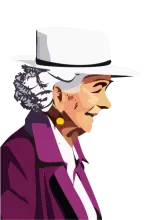 Illustration of old woman wearing a white top hat and purple coat.
